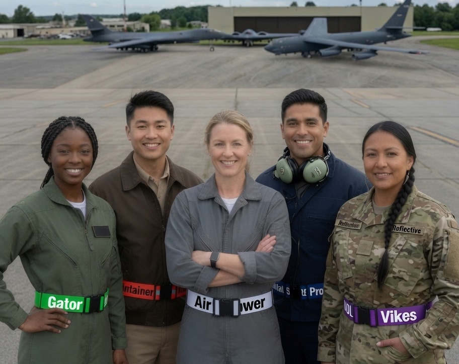 Maintainers on the flightline wearing custom reflective belts