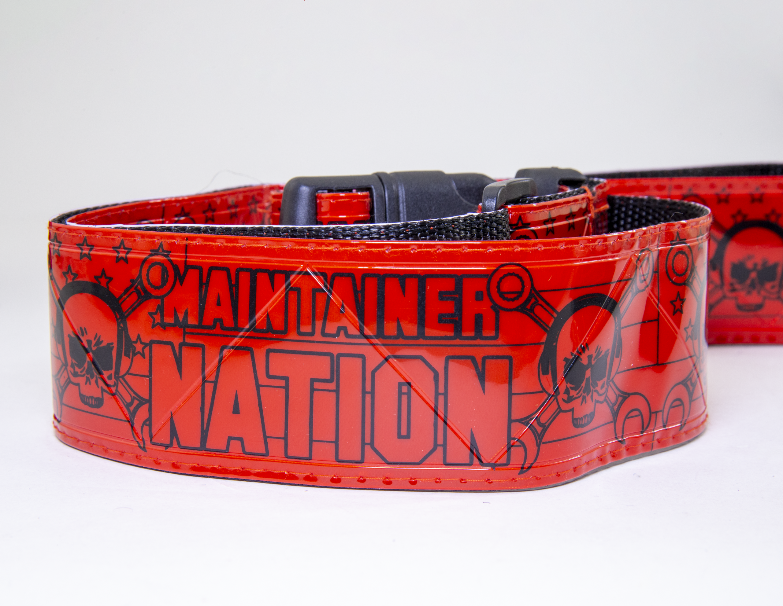 Custom printed reflective belt showing vinyl print and clear coat durability
